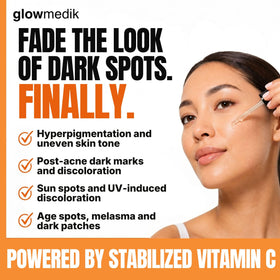 Glowmedik close-up of dropper dispensing serum, highlights lightweight texture