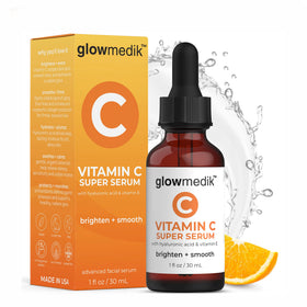 Glowmedik front packaging showing serum bottle and branding, promotes brightening