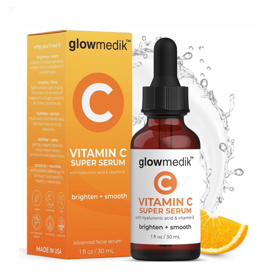 Glowmedik front packaging showing serum bottle and branding, promotes brightening