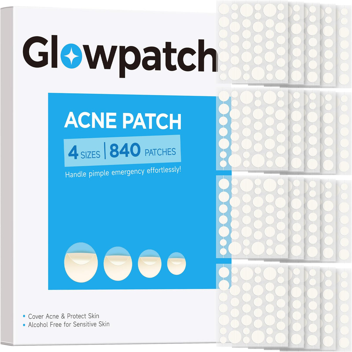 Glowpatch front sheet display showing 20 sheets and 840 patches, travel-ready