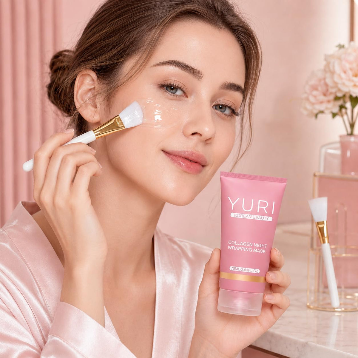 Glowsyme YURI bedside lifestyle setting showing overnight treatment convenience