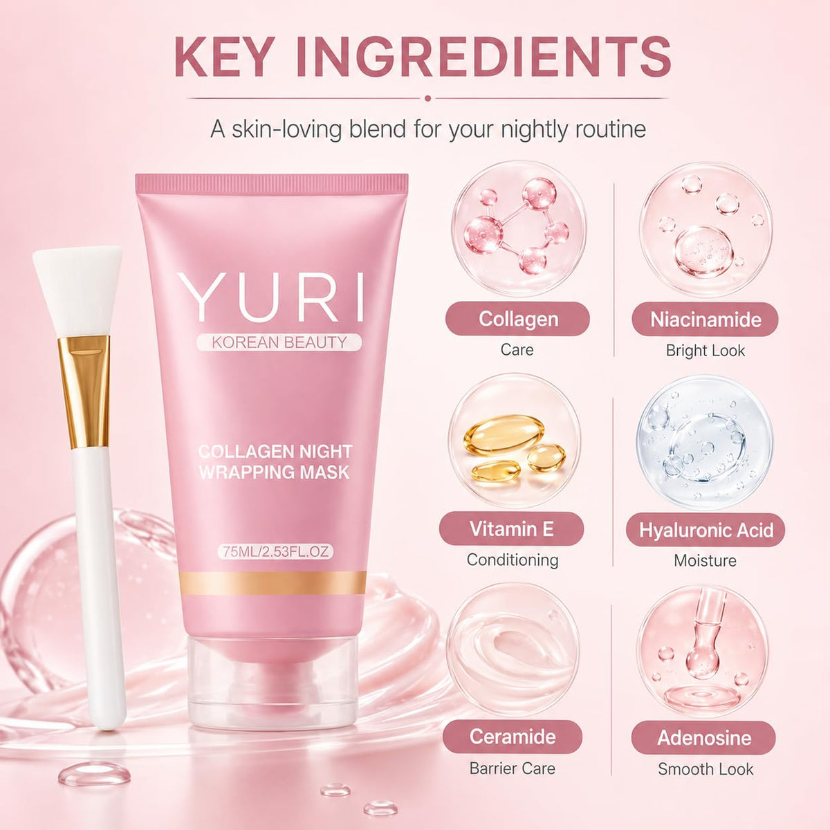 Glowsyme YURI ingredients label closeup highlighting plant extracts for gentle care