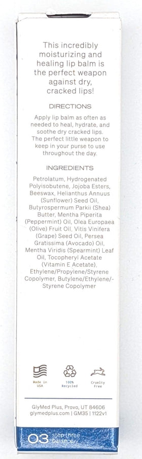 Glymed close-up of balm on lips demonstrating smooth application and hydration