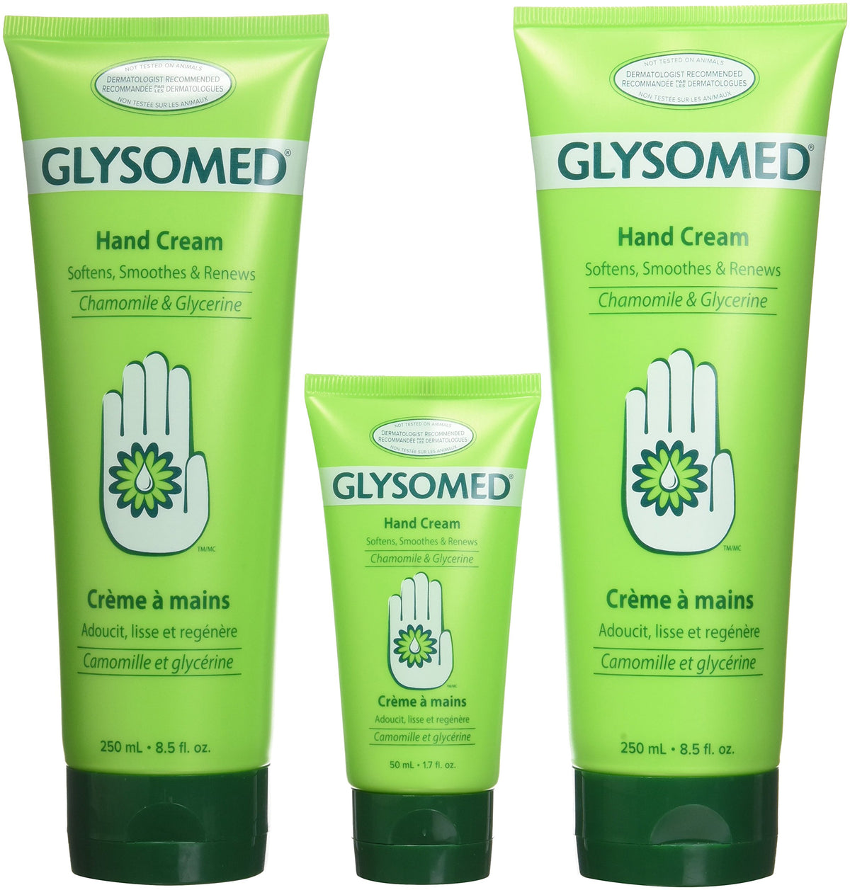 Glysomed front packaging showing two large tubes and one small tube for convenient care