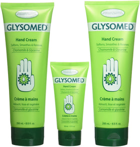 Glysomed front packaging showing two large tubes and one small tube for convenient care