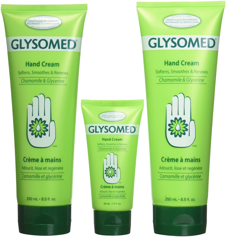 Glysomed front packaging showing two large tubes and one small tube for convenient care