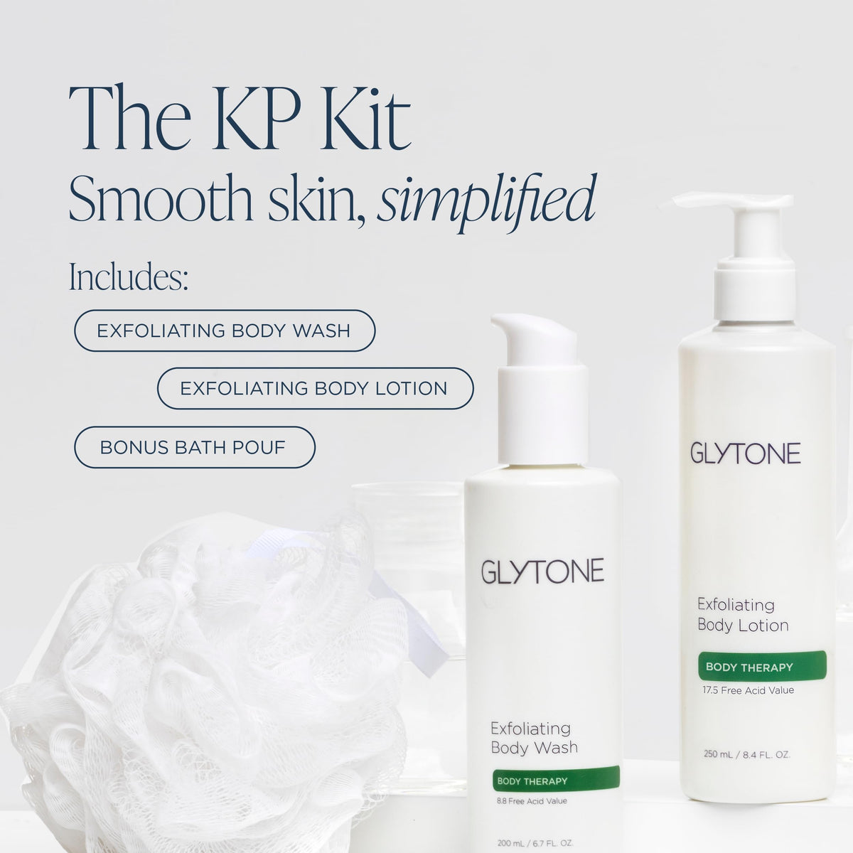 GLYTONE glycolic body wash pouring from bottle demonstrating gentle exfoliation