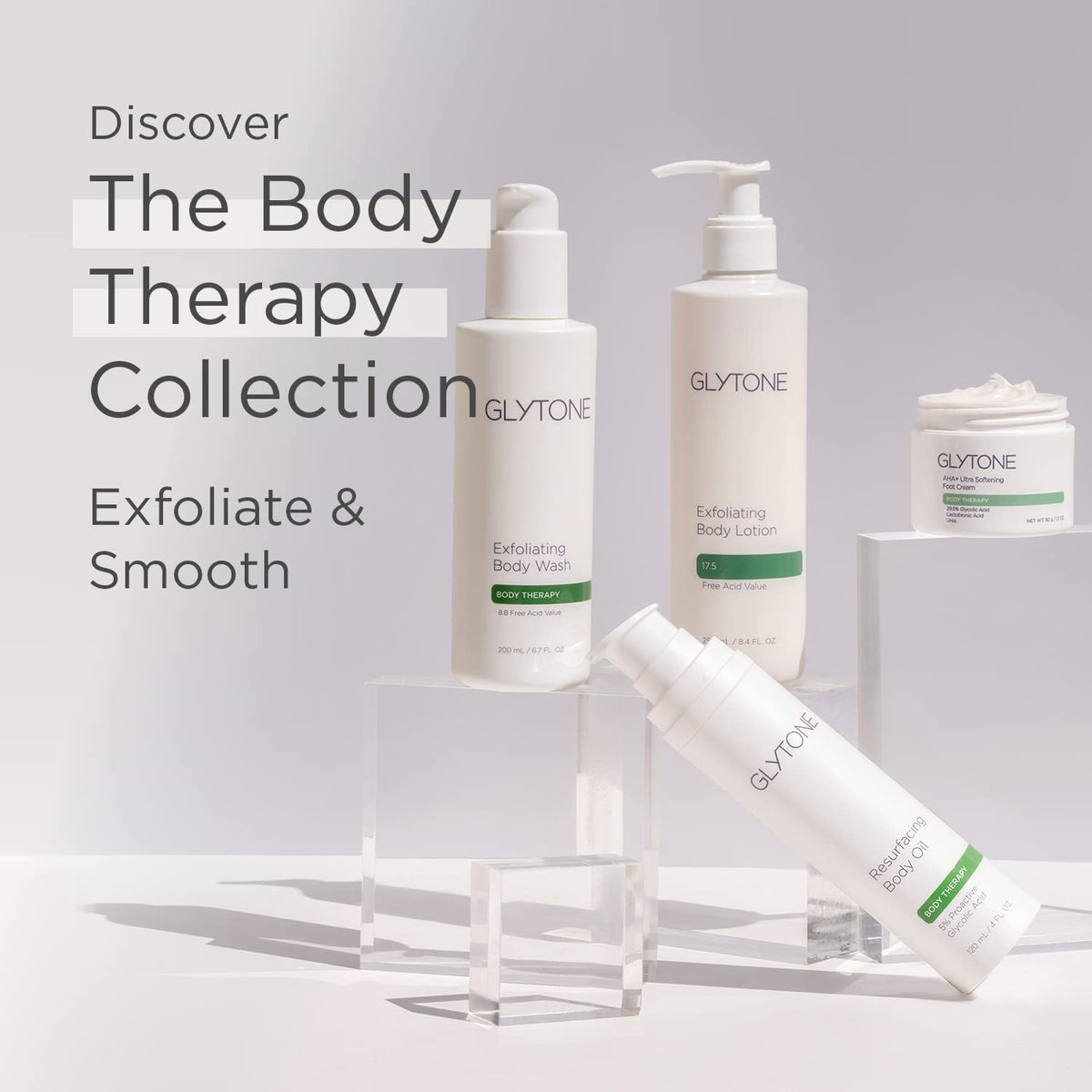 GLYTONE on bathroom shelf lifestyle shot promoting daily foot care