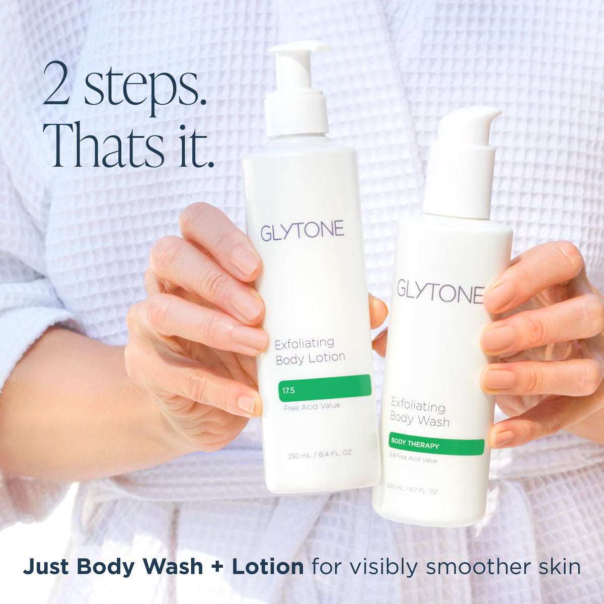 GLYTONE lifestyle bathroom vanity setup conveying daily skincare routine ease