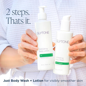 GLYTONE lifestyle bathroom vanity setup conveying daily skincare routine ease