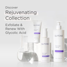 GLYTONE cleanser beside sunscreen showing 6.7 fl oz scale and travel-ready routine compatibility
