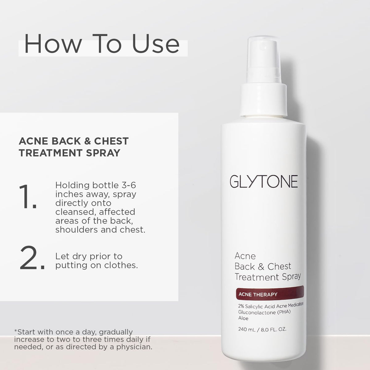 GLYTONE texture closeup of clear liquid mist showing fast-dry, non-greasy finish