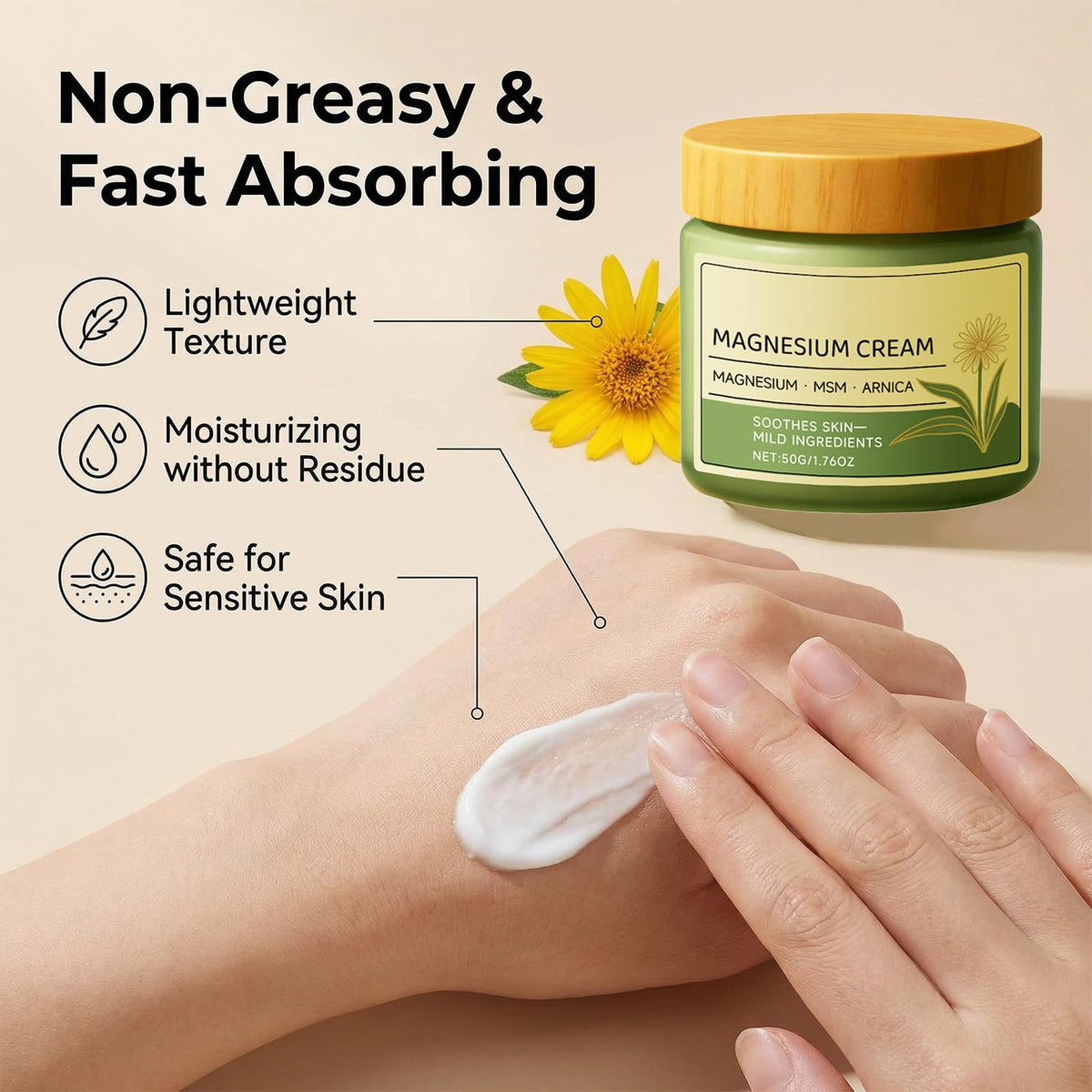 GMDPFHV arnica and MSM ingredient display highlighting soothing support