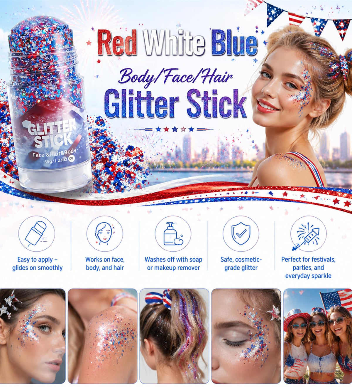 Go Ho glitter stick applied to cheek delivering instant festive sparkle