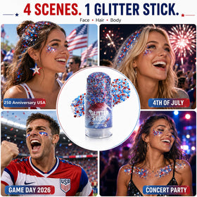 Go Ho glitter stick held in hand to show 1.23oz scale and volume