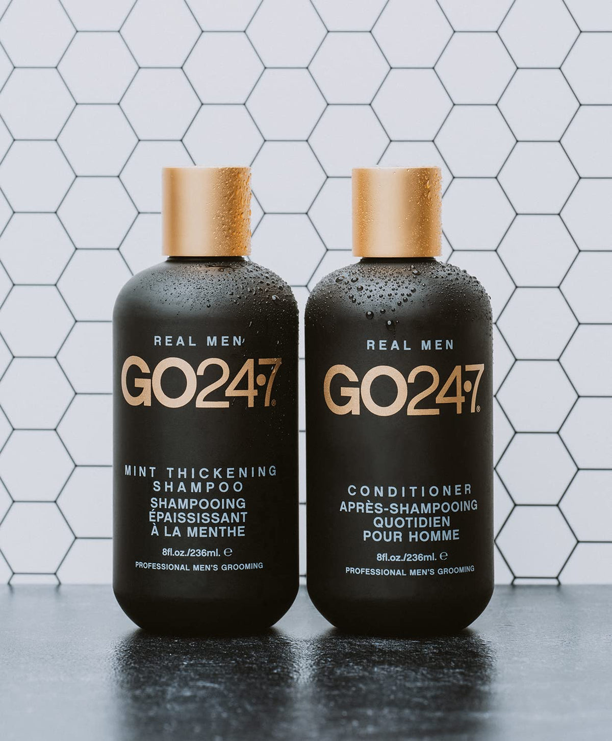 GO247 ingredients display with peppermint, menthol, and honey for scalp care