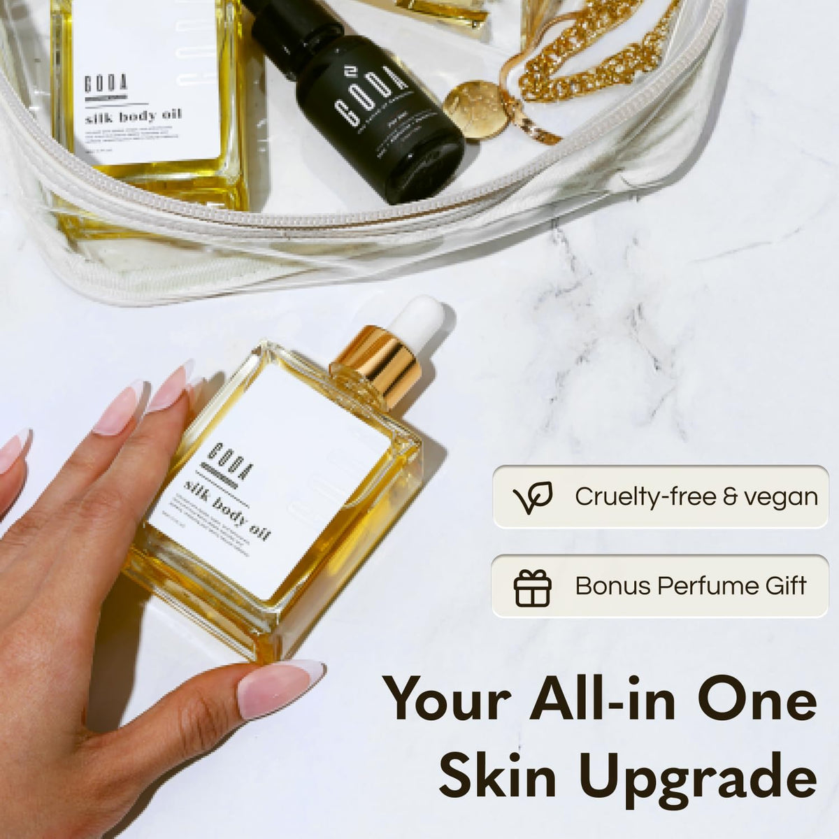 GODA bottle on bathroom shelf for daily ritual and luxurious scent benefit