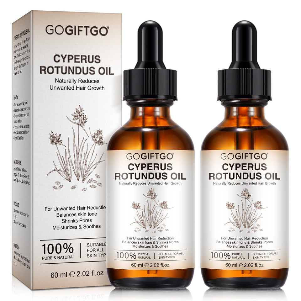 GOGIFTGO front bottle showing Cyperus oil label and smooth-skin benefit
