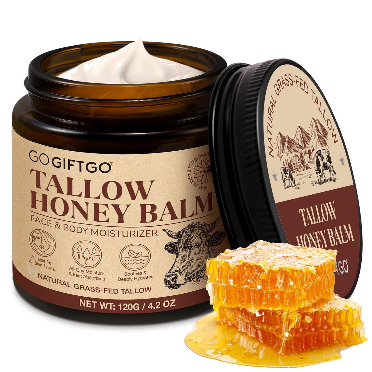 GOGIFTGO front jar showing beef tallow honey balm benefits of deep hydration