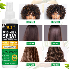 Goiple applying spray to wig on mannequin demonstrating easy detangling