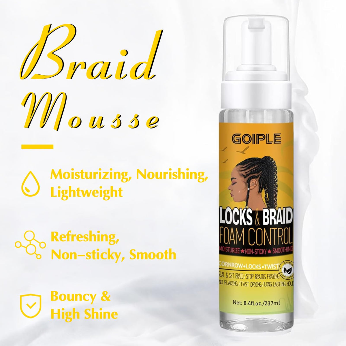 Detail of Goiple braid mousse label highlighting natural ingredient claims and directions
