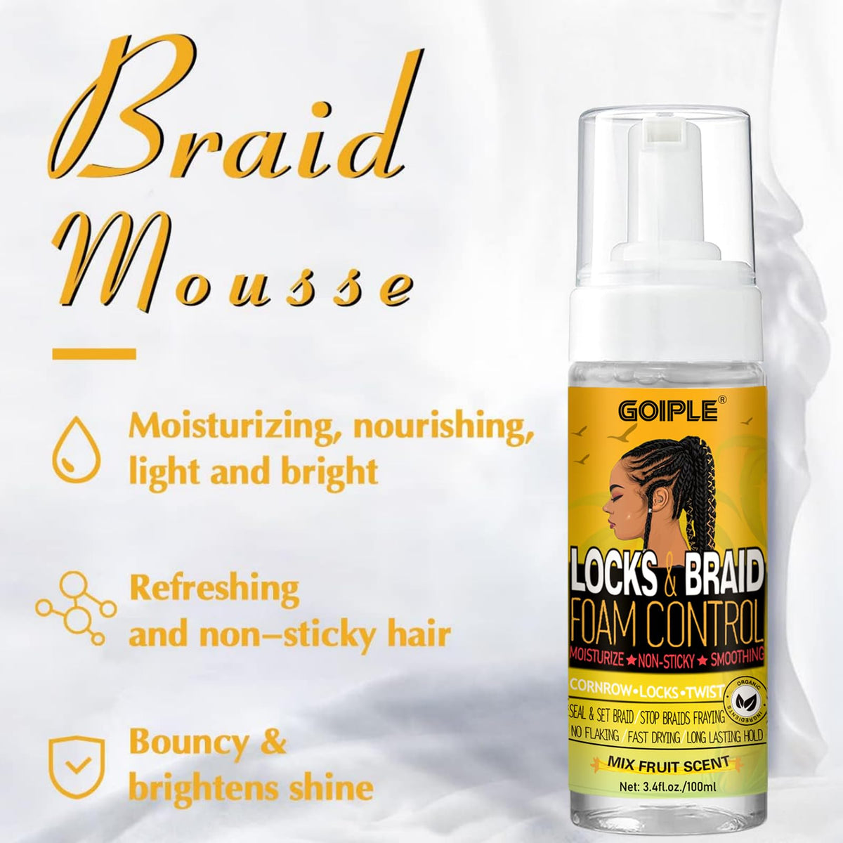 Goiple braid mousse texture close-up demonstrating smooth application