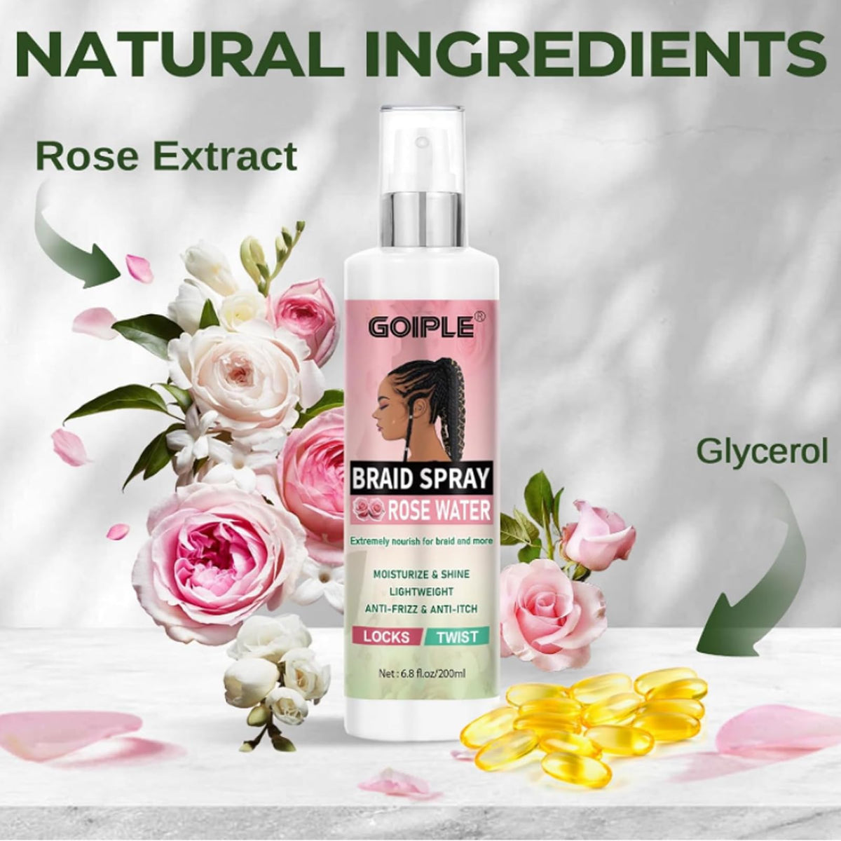 Goiple braid spray closeup highlighting nozzle and label