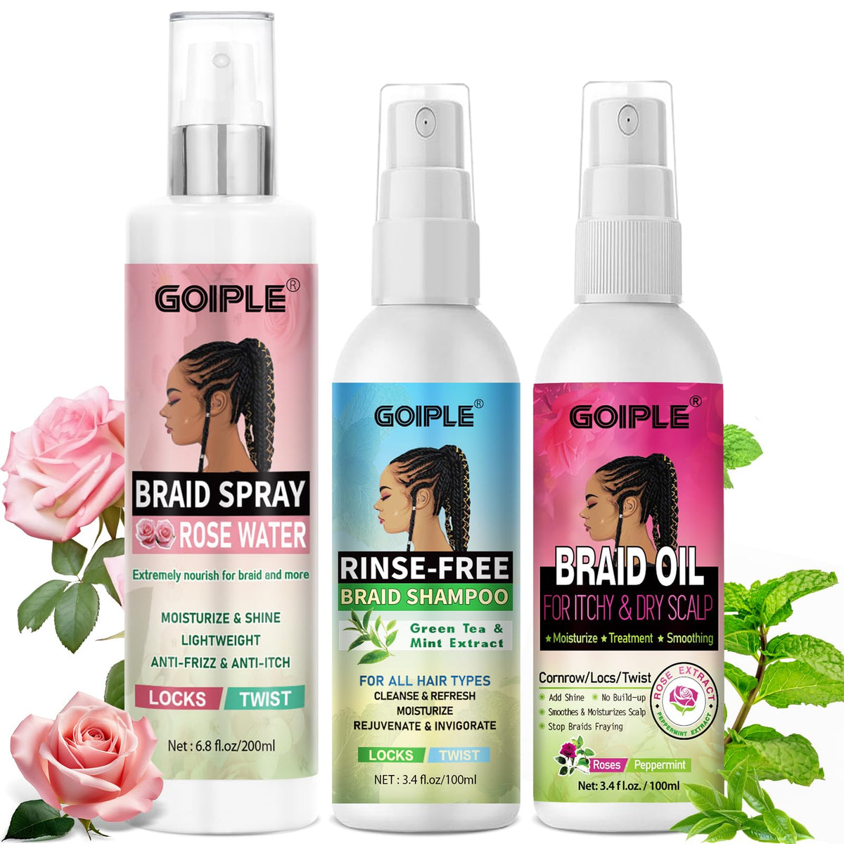 goiple front packaging of braid spray showing bottle and label benefits