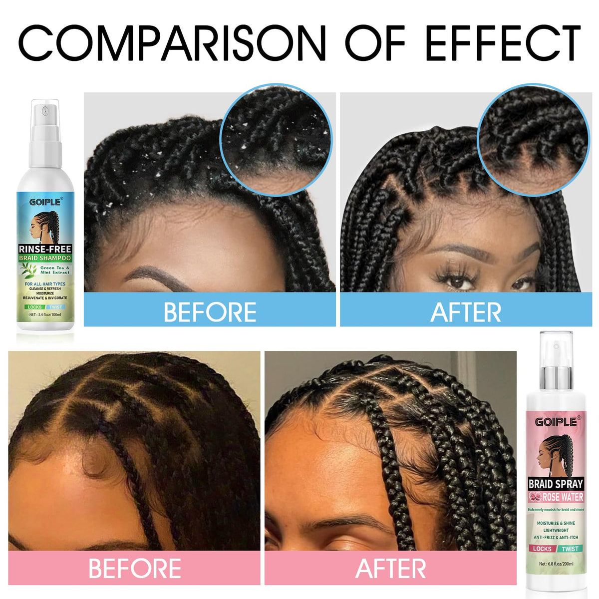 goiple before and after loc refresh showing reduced buildup and shine
