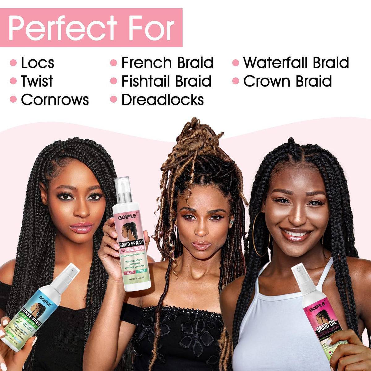 goiple spray being applied to braids to refresh and reduce frizz