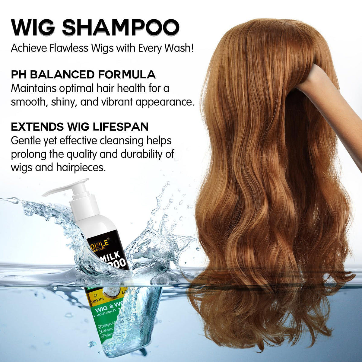 Goiple detangler brush next to wig demonstrating knot-free, gentle brushing