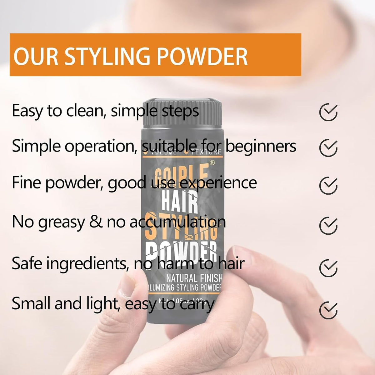 Goiple powder close-up highlighting fine texture for natural matte volume and no residue
