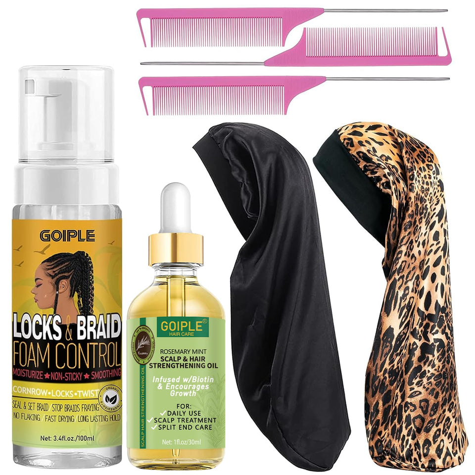 Goiple front packaging showing mousse, oil and tools for long-lasting hold
