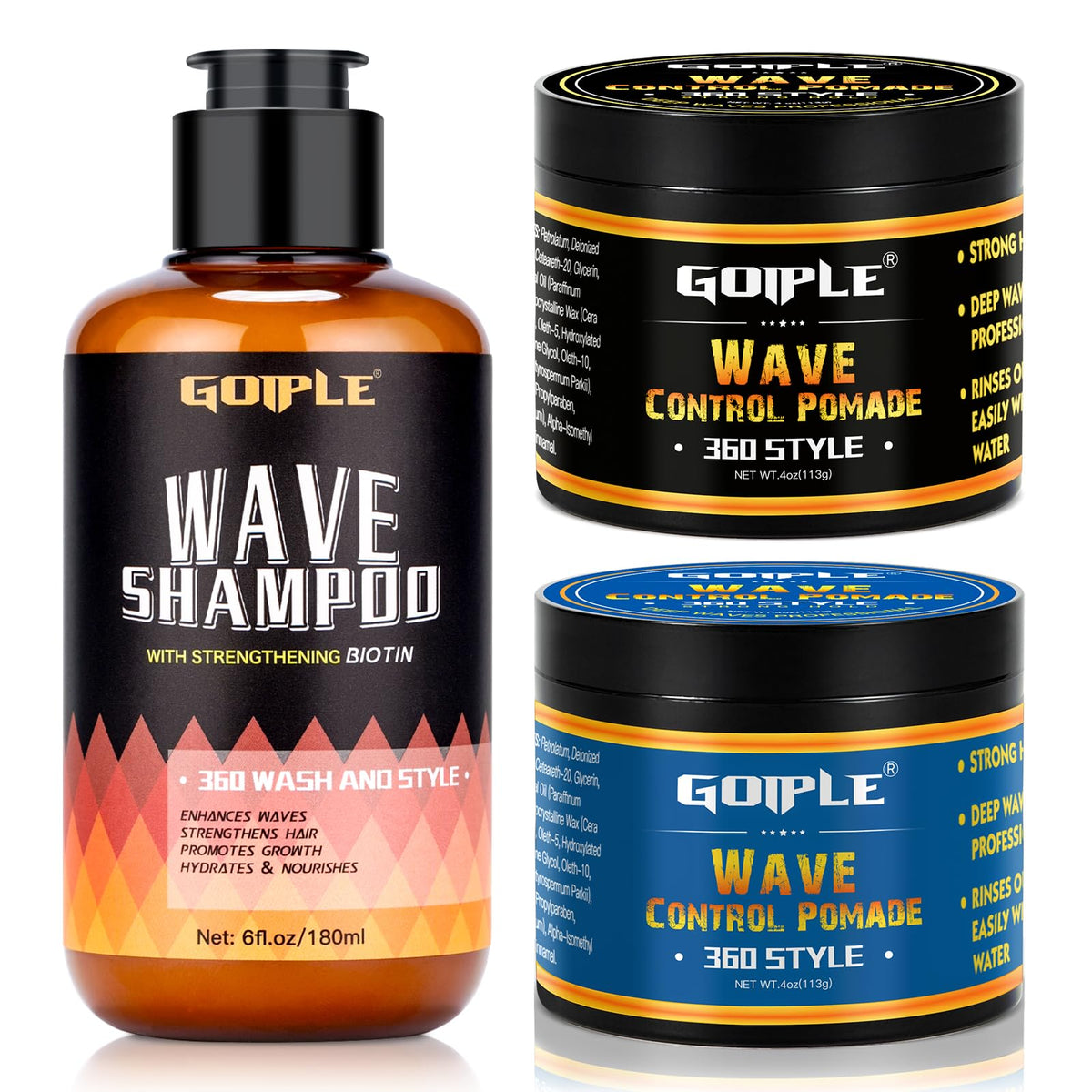 Goiple front packaging showing pomade and wash, clear labeling for wave routine