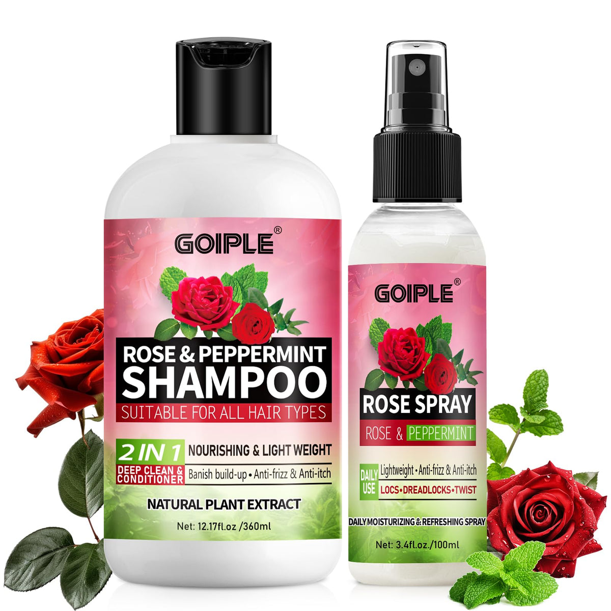 Goiple front packaging of rose water shampoo and spray showing set benefits
