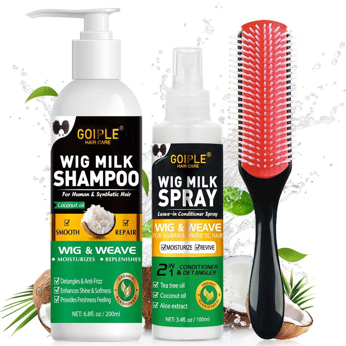 Goiple front packaging showing shampoo and wig milk spray for easy identification
