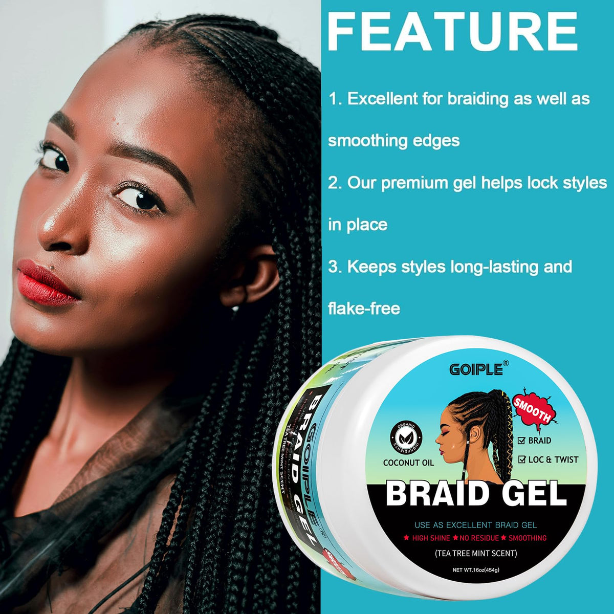 Stylist applying Goiple gel while braiding to hold sections neatly