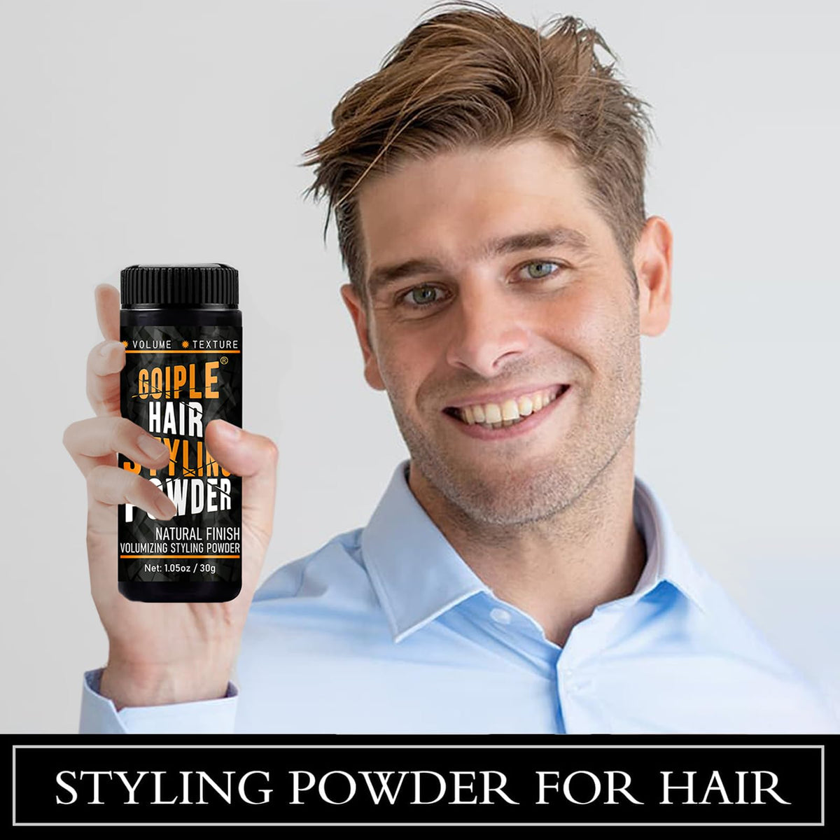 Goiple used in a morning routine with a man styling hair for textured, natural look