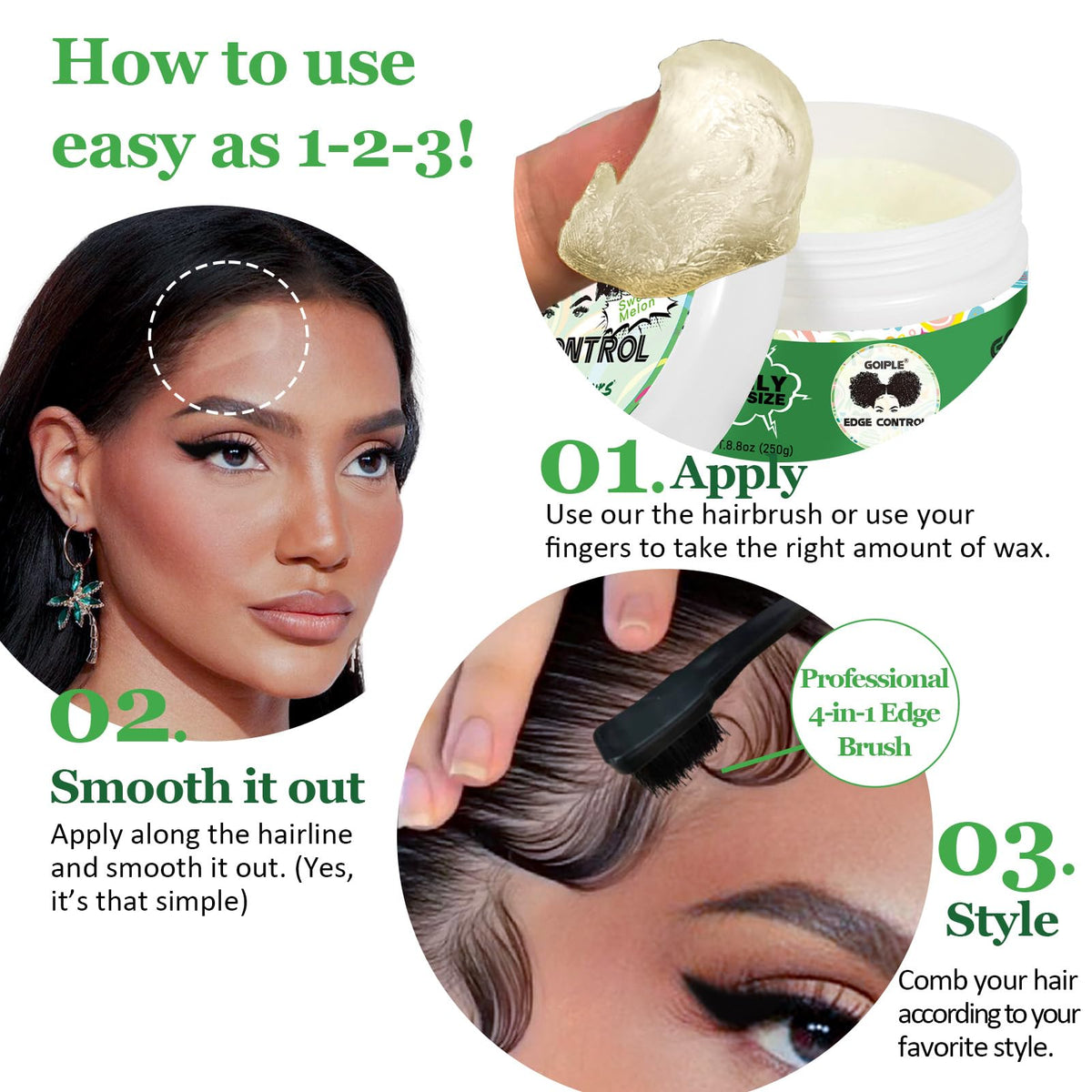 Goiple used on braids showing edge smoothing and sleek finish for polished styles