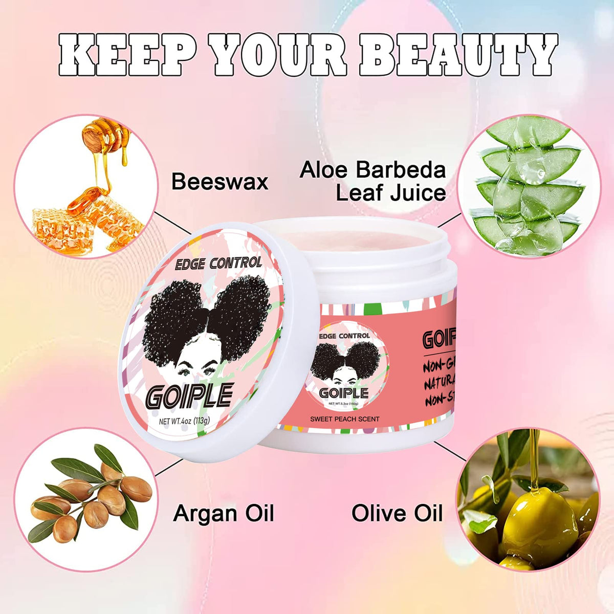 Goiple open 4oz peach-flavored edge control jar showing creamy texture and nourishment