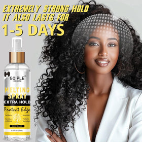 Goiple side profile of model wearing wig demonstrating firm, seamless hold