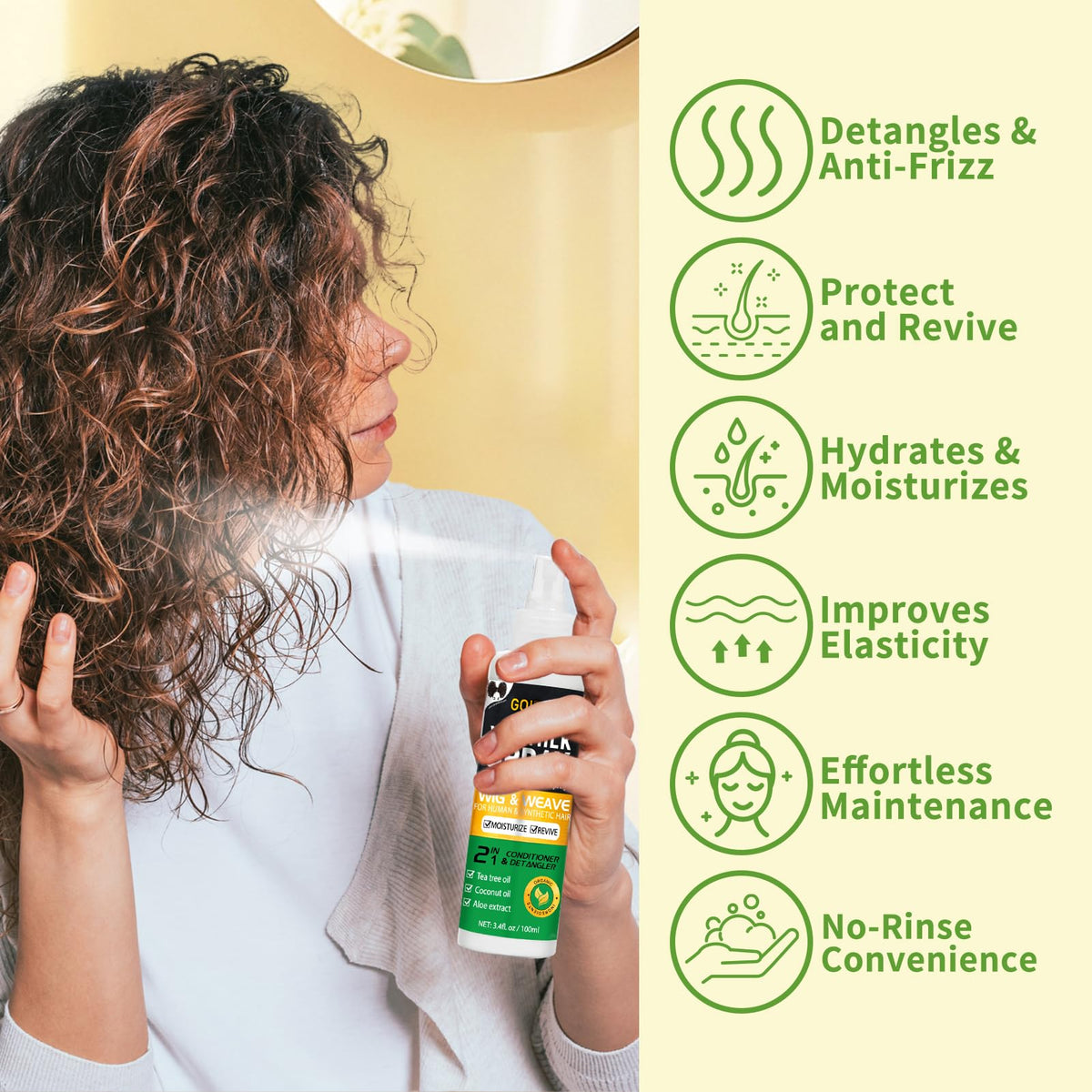 Goiple mist spraying onto wig for quick no-rinse conditioning