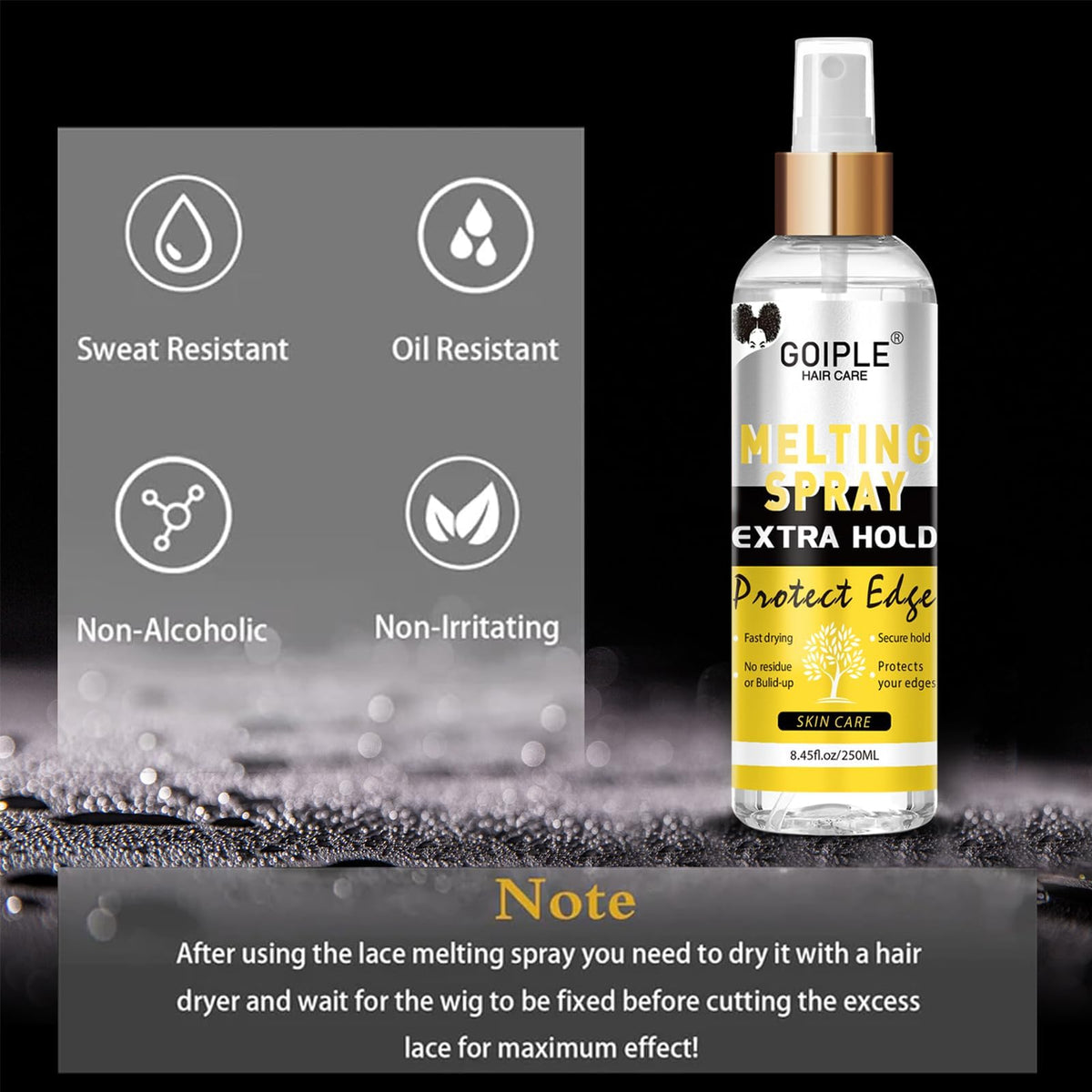 Goiple spray being applied to lace front for invisible adhesion benefit