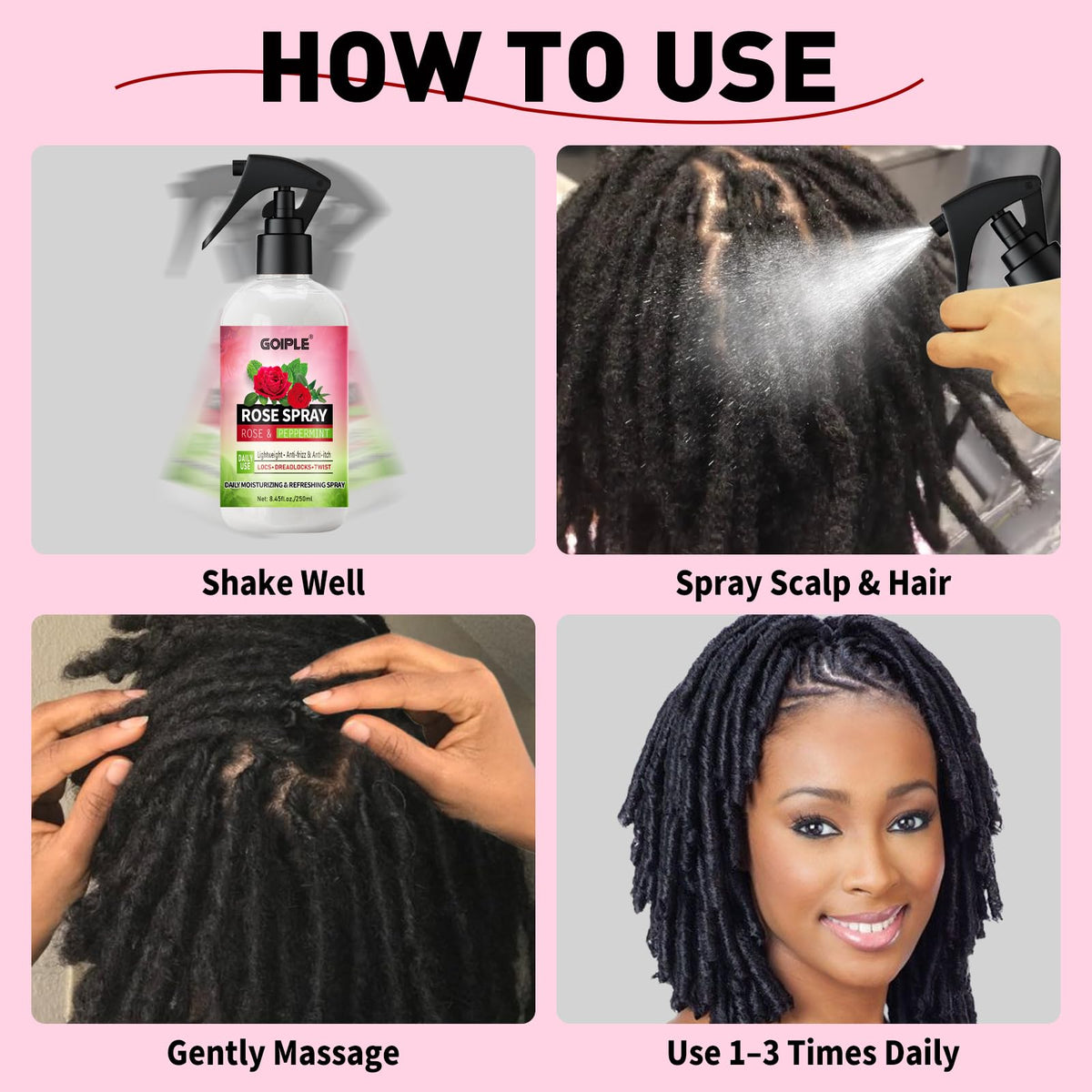 Goiple spraying onto dreadlocks demonstrating scalp refreshment