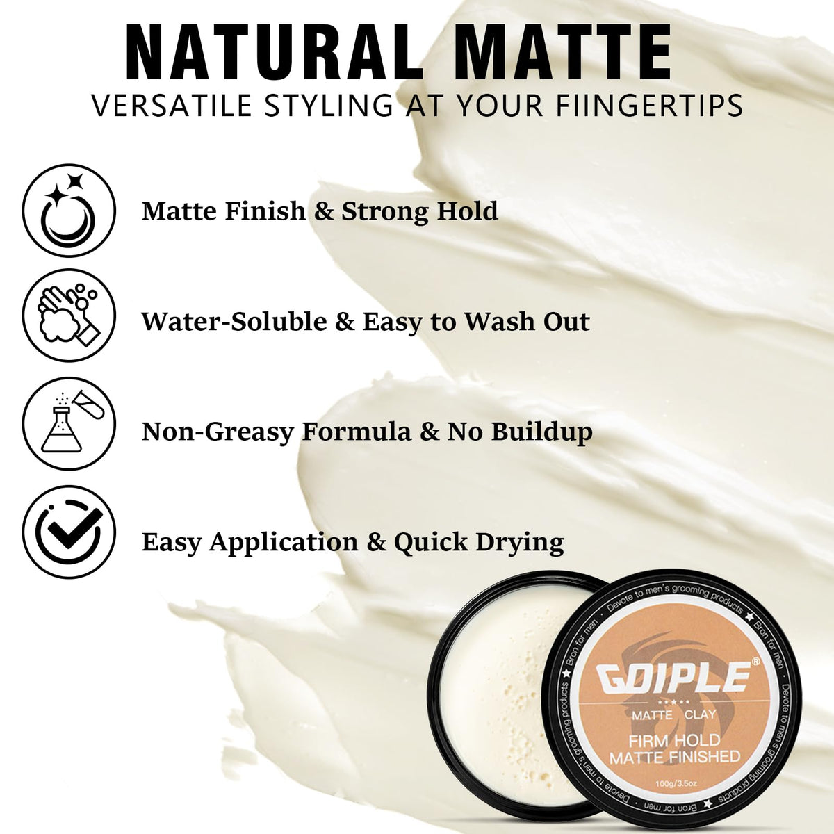 Goiple styled hair side view showcasing firm hold and natural matte finish