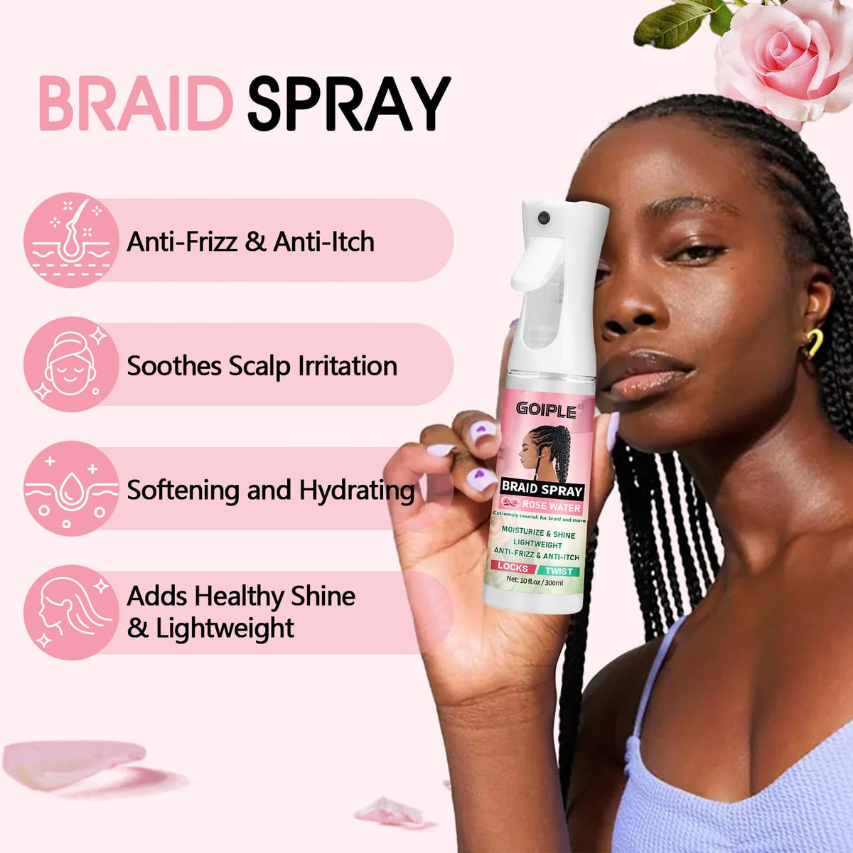 Goiple spray texture close-up highlighting rosewater and glycerin hydration benefits