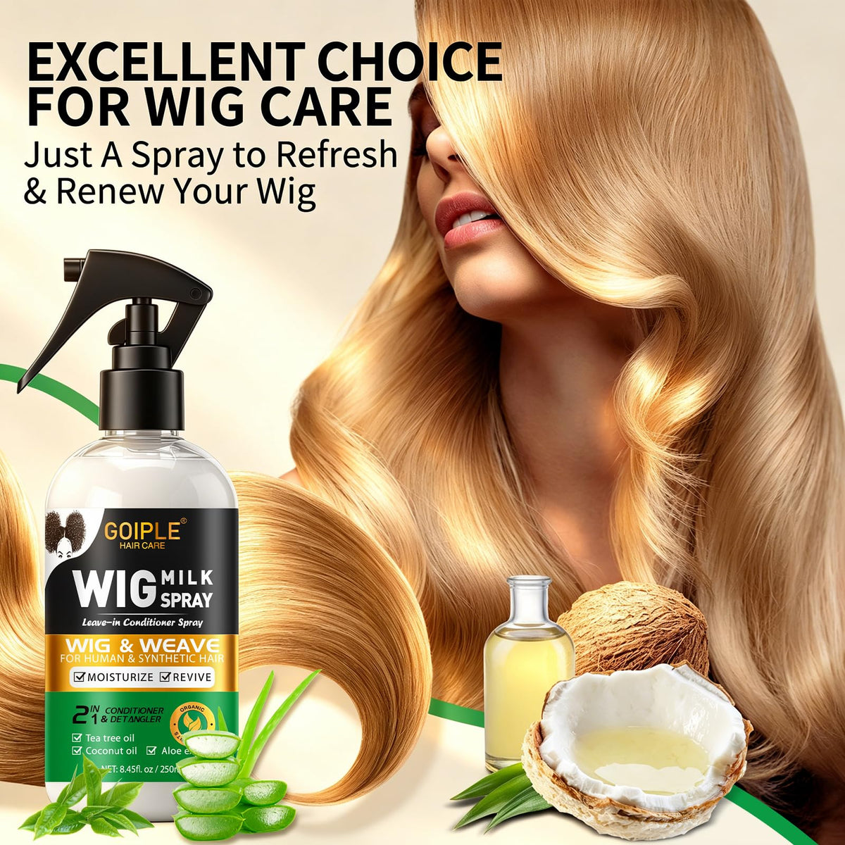 Goiple wig before and after detangling showing smoother strands