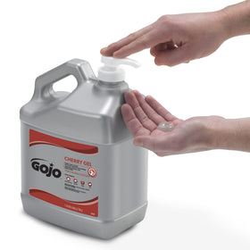 GOJO pump dispensing gel onto hand, demonstrates easy controlled dosing and convenience
