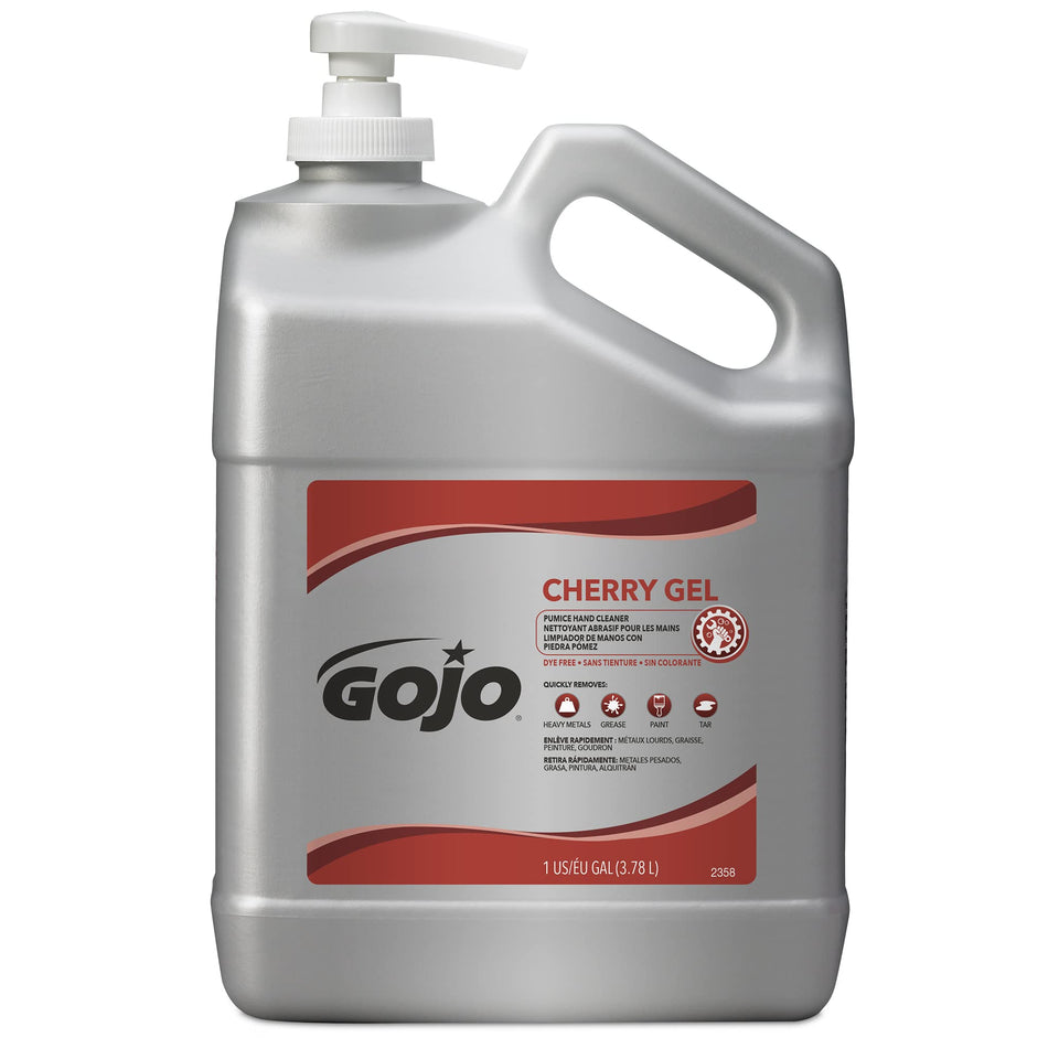 GOJO front packaging showing pump bottle and cherry gel, clear identification and benefit