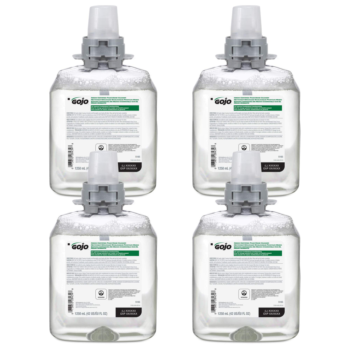 GOJO front packaging showing four 1250 mL refills and product branding benefit efficient stocking